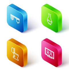 Sticker - Set Isometric line Office desk, Vase, Toilet bowl and Picture frame on table icon. Vector