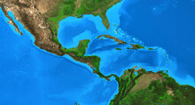 Physical Map Of Central America And The Caribbean. Detailed Flat View Of The Planet Earth And Its Landforms. 3D Illustration - Elements Of This Image Furnished By NASA