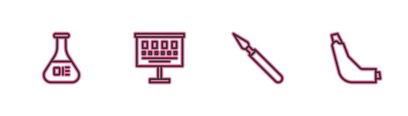 Sticker - Set line Test tube and flask, Medical surgery scalpel, Eye test chart and Inhaler icon. Vector