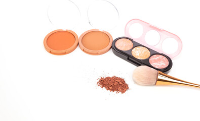 Flat lay of set decorative cosmetics on white  background