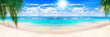 © Vera Shestak - Beautiful tropical sand beach panorama view turquoise sea water ocean wave green palm tree leaves sun blue sky white cloud, summer holidays exotic island vacation, Caribbean travel, Maldives landscape