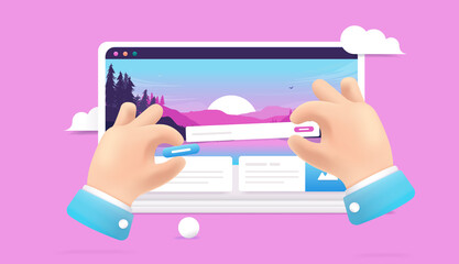 Poster - Web designer - Hands designing user website on laptop screen, moving UI elements around. Web design concept, 3d vector illustration.