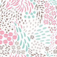 Poster - Vector organic seamless abstract background, botanical motif, freehand doodles pattern with stylized flowers, leaves, berries and simple shapes.