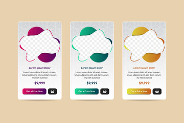 Poster - Vector Modern Abstract bubble Liquid Pricing Tables for Web. Three variation colors are purple, gold and green. Space for photo with transparency of hexagon pattern. vertical layout.
