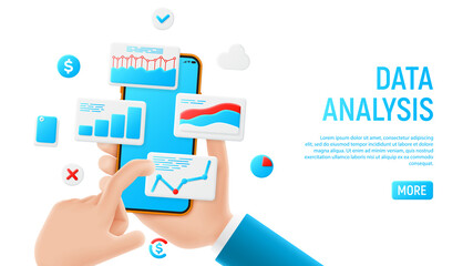 Poster - data analysis banner concept. mockup with cartoon hands, smartphon and data icons. template of smart