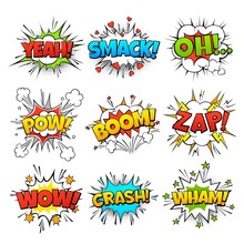 Funny Comic Words In Speech Bubble Frames. Wow Oh Bang And Zap Thinking Clouds. Balloons Of Expression. Retro Cartoon Colorful Communication Sound Effect Halftone Dot Background Vector Set