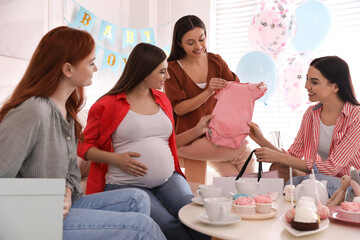 Poster - Happy pregnant woman spending time with friends at baby shower party