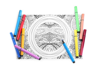 Poster - Antistress coloring page and felt tip pens on white background, top view