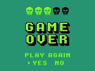 Fototapete - Game over screen. Pixel 8 bit final screensaver, primitive graphics style skulls, retro video games, comic square stylized computer letters, 80s arcade, players end or continue vector concept