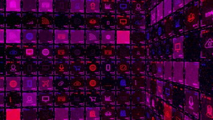 Aufkleber - Abstract technological icons in a dark pink and red grid interface. Animation. Digital screen with blinking symbols of internet connection, devices, downloads, and communication.