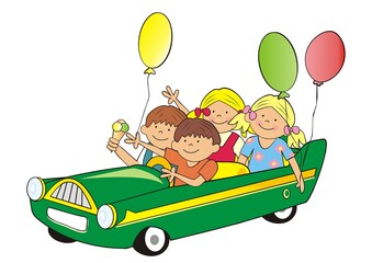 Wall Mural - Four kids with balloons and ice cream at green car, funny vector illustration