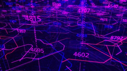 Poster - Data moving within computer circuitry with many changing numbers, seamless loop. Animation. Computer processing and organizing data through CPU or GPU, abstract high tech motion graphics, seamless
