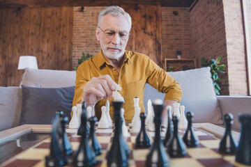 Sticker - Photo of smart positive aged man play chess wear spectacles yellow shirt at home alone