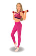© shchus - A young slender blonde in pink sportswear, leggings and a tank top trains with dumbbells.Vector illustration, EPS 10, isolate on a white background.Fitness exercise concept for tightening muscles, abs