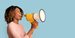 © Prostock-studio - Announcement Concept. Cheerful Black Woman Shouting With Megaphone In Hands, Blue Background