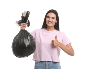 Sticker - Woman holding full garbage bag on white background