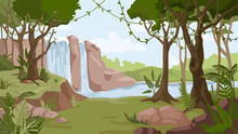Waterfall Jungle Landscape Cartoon Background. Vector River Streams Of Water Flowing, Green Exotic Forest Woods With Trees. Tropical Natural Scenery With Cascade Of Rocks, Wild Nature And Bush Foliage