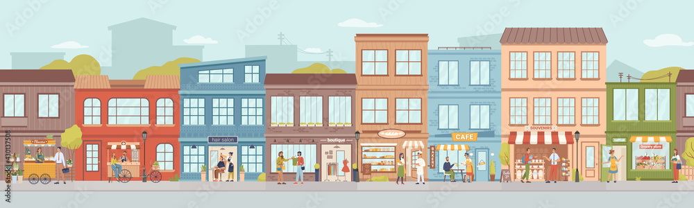 City small buildings facade exterior design. Vector urban street with local markets, flower florist shop, bakery and barbershop, clothing boutiques and cafes, restaurants and cafeterias, people - obrazy, fototapety, plakaty 