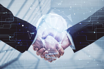 Poster - Double exposure of light bulb hologram and handshake of two men. Idea concept.