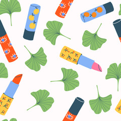 Beauty makeup accessories seamless pattern on white background. Fashion pattern with lipsticks and lip gloss leaves vector. Abstract cosmetic tubes and bottles.