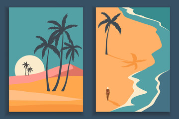 Abstract coloful landscape poster collection. Set of contemporary art beach print templates. Nature backgrounds for your social media. Sun and moon, sea, mountains, ocean, palms.