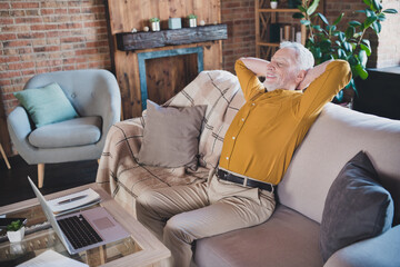 Sticker - Profile photo of cheerful person closed eyes hands behind head beaming smile have good mood home indoors