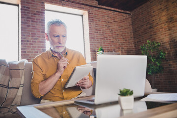 Sticker - Portrait of calm concentrated man sit on sofa hand hold pen touch chin look interested laptop ponder indoors