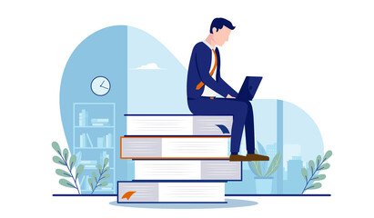 Poster - Businessman learning business - Male person sitting on books with laptop studying and educating himself. Career development concept. Vector illustration with white background.