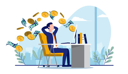Leinwandbilder - Businessman making money in office in front of computer. Salary and online earnings concept. Vector illustration with white background.