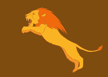 Yellow Lion Jumps On A Brown Background