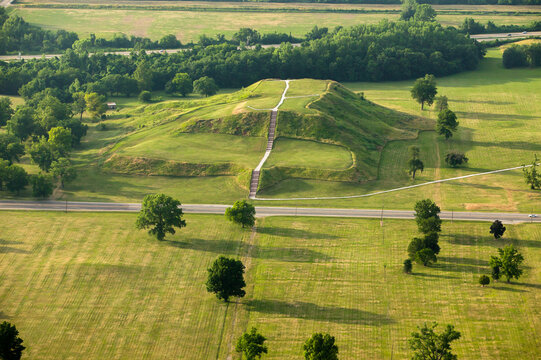 aerial view of cahokia mounds native american burial grounds near collinsville, illinois, usa.