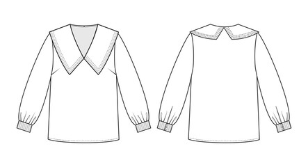 Wall Mural - Fashion technical drawing of blouse whith a collar. Fashion flat sketch.