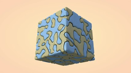 Poster - 3d loop animation of a cube consisting of two parts of different colors. The parts of the cube are wavy, like puzzles, interpenetrating. Abstract 3d background animation.