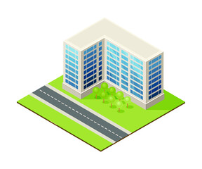 Canvas Print - Isometric Cityscape with Apartment Block or Multistory Structure on Green Lawn Vector Illustration