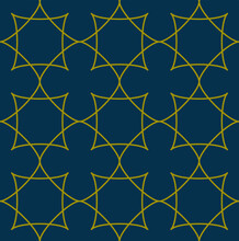 Simple Star And Cross Repeat Outline Pattern In Gold Color On A Teal Blue Background, Geometric Vector Illustration