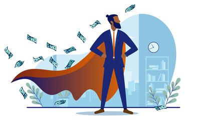 Poster - Ethnic businessman superhero - African-American man with red cape standing proud in office being a brave hero. Business winner and success concept. Vector illustration.