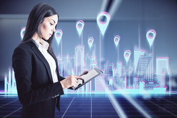 Aufkleber - Global business and network connection concept with businesswoman with digital tablet on virtual wall with city and pin points background