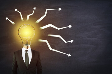 Aufkleber - Brainstorming and idea cocnept with businessman with glowing light bulb instead of head and arrows directed from it on dark background