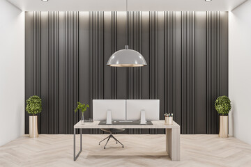 Empty bright private office room with a pair of monitors on the desk with a blank black wall in the background, wooden floor and concrete walls. Interior design and workplace concept, 3d rendering