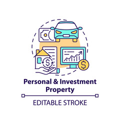 Sticker - Personal and investment property concept icon. Comprehensive wealth planning element idea thin line illustration. Real estate purchasing. Vector isolated outline RGB color drawing. Editable stroke