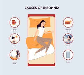 Causes of insomnia information banner design, flat vector illustration.