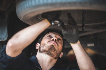 mechanic car service garage center, repairman worker person working for maintenance auto repair the car in vehicle workshop station, automobile transportation service work concept