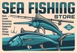 Fish, fisherman rod and hook, vector fishing sport design. Fisher or angler catch of tuna and blue marlin fish with fisherman tackle retro poster of fishing store and fishery equipment shop