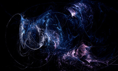 Wall Mural - Abstract neon blue purple glowing energy discharge, nebula or cluster of stars in deep dark space. Fairy and fantastic digital illustration. Great for design cover, presentation, flyer, poster, card.