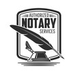 Notary or legal service icon with isolated vector vintage feather pen or quill and inkwell. Lawyer or advocate office, advocacy, notary, law and rights attorney company emblems design
