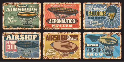 Sticker - Airship and hot air balloon vintage plates of vector air travel and aircraft design. Retro hot air balloons, airship, aerostat, dirigible or blimp with basket, gondola and propeller grunge tin plates