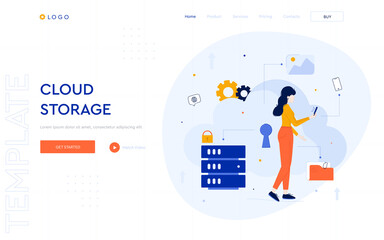 Wall Mural - cloud storage concept website template. the girl uses cloud storage and stores her documents. digita