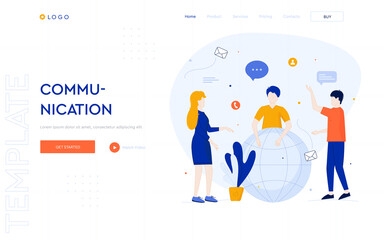 Wall Mural - communication concept website template. three people discussing business ideas. digital business ill