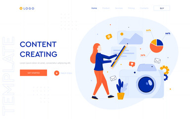 Wall Mural - content creating concept website template. the girl creates content using photos and text. digital b