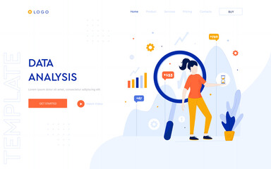 Wall Mural - data analysis concept website template. the girl analyzes the data and makes graphs and charts. digi